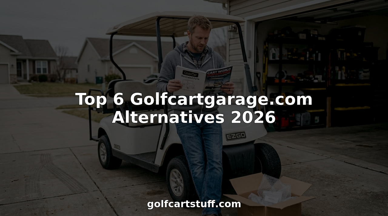 Man comparing golf cart parts alternatives in driveway