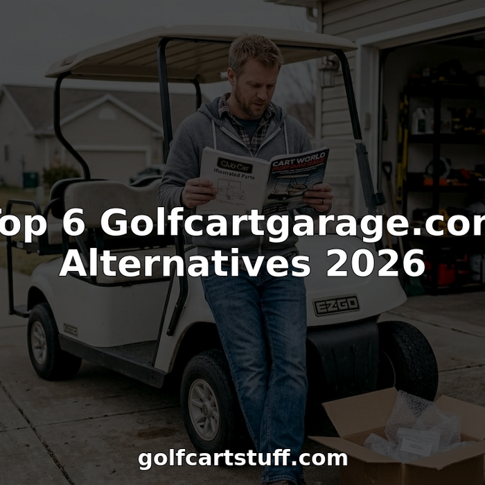 Man comparing golf cart parts alternatives in driveway