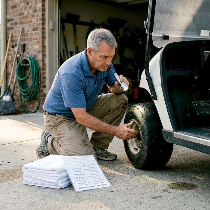Owner inspects golf cart tire in driveway