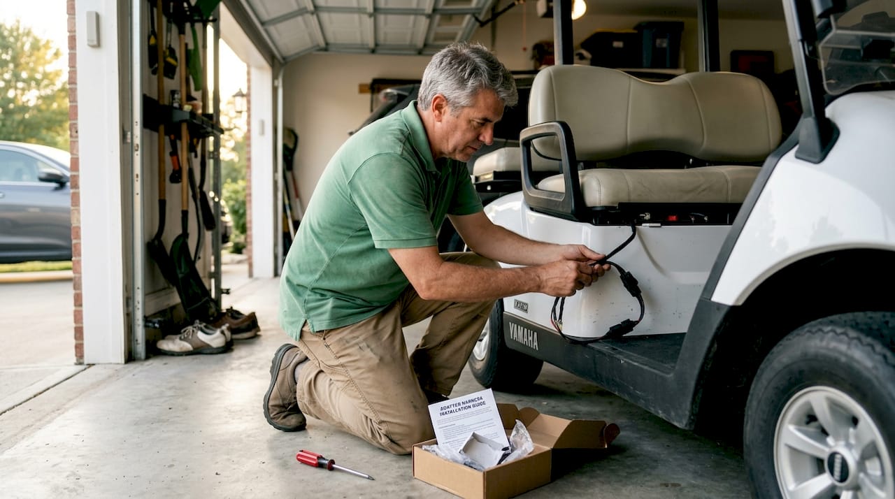 Man installing adapter harness in golf cart