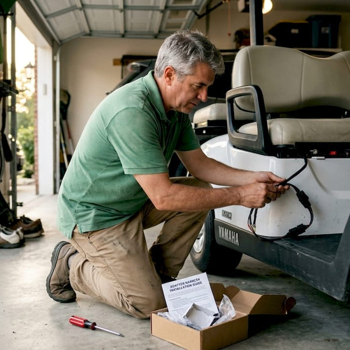 Man installing adapter harness in golf cart