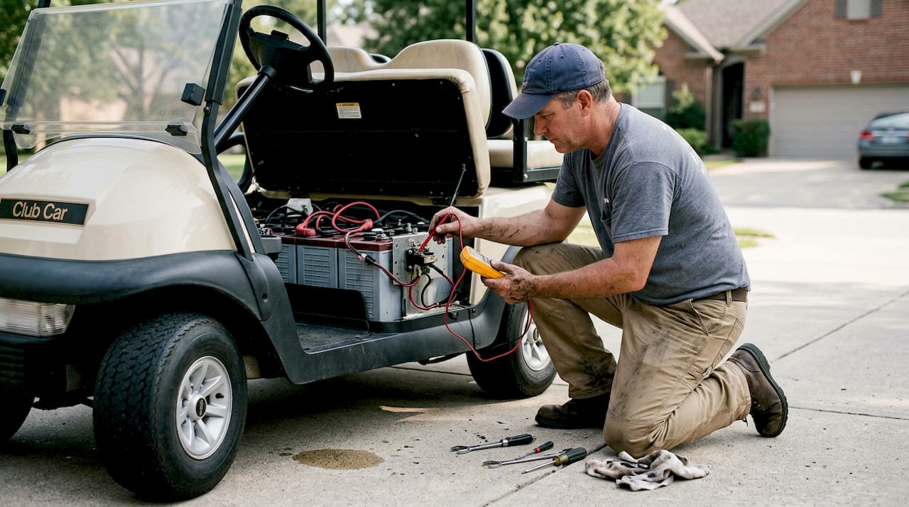 Technician checking golf cart relay under seat