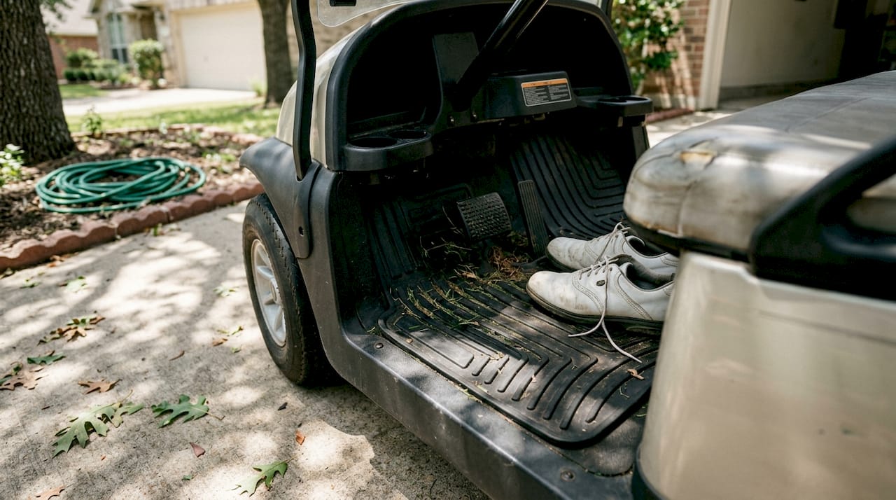 Golf cart with custom rubber floor mats