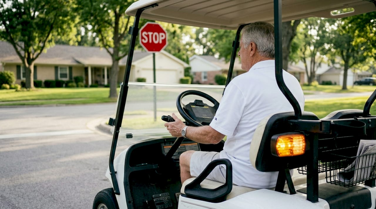 Golf cart using turn signals on suburban street