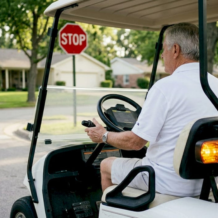 Golf cart using turn signals on suburban street