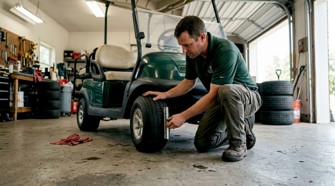 Technician checking golf cart tire alignment