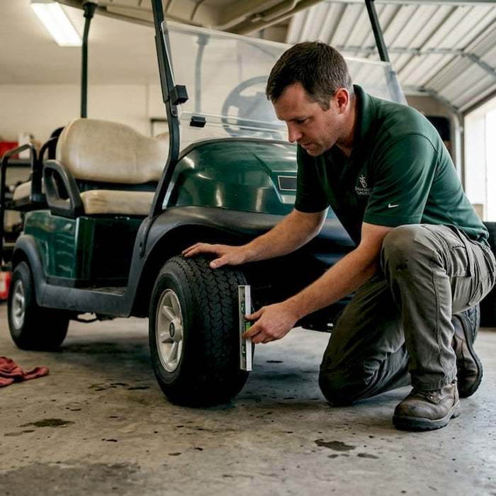 Technician checking golf cart tire alignment