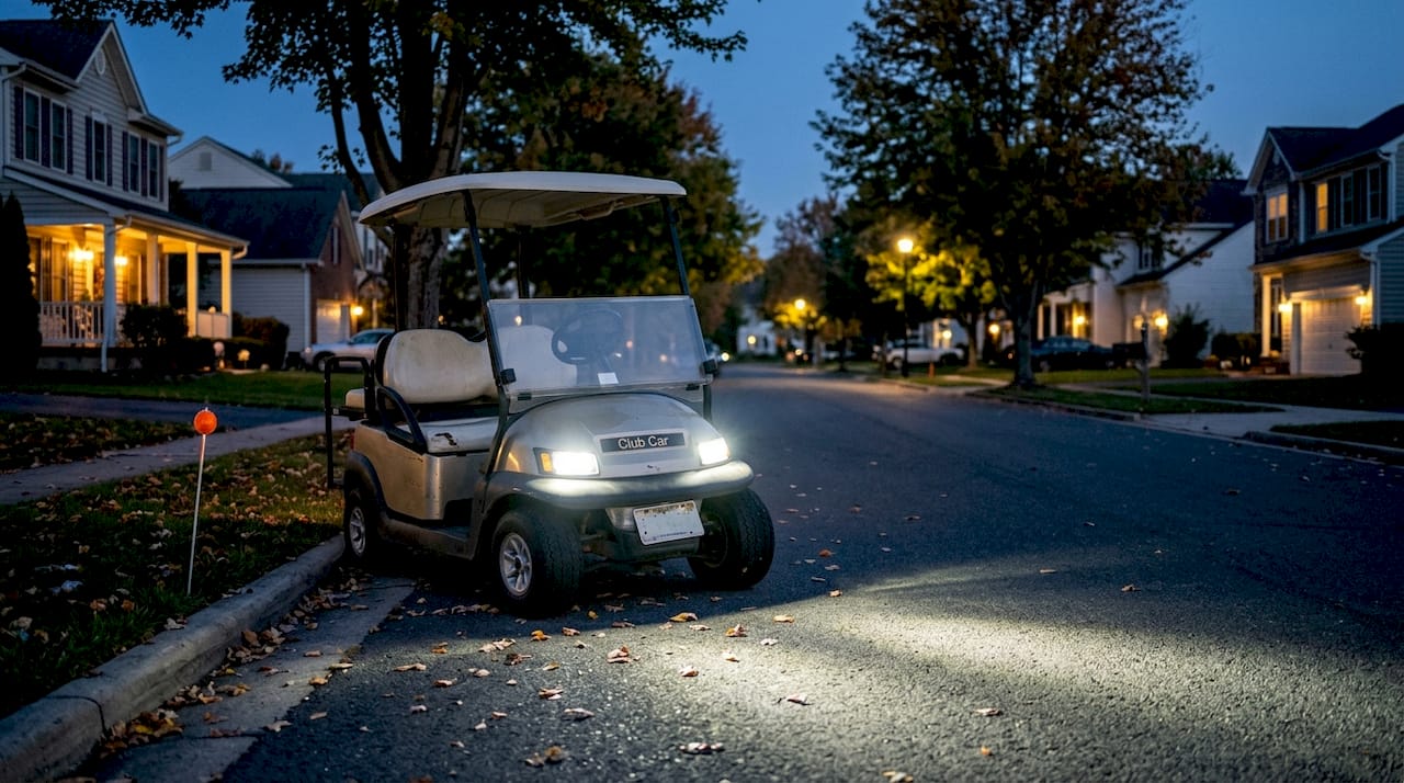 Golf cart LED headlights illuminate street