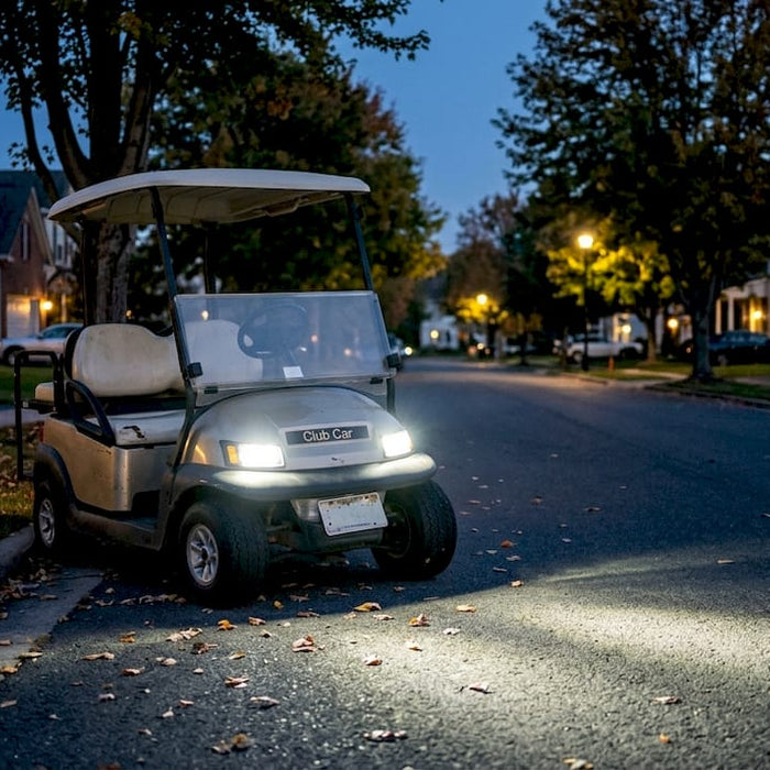 Golf cart LED headlights illuminate street