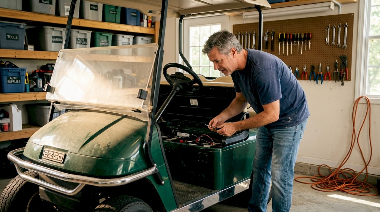 Owner inspects golf cart wiring in garage