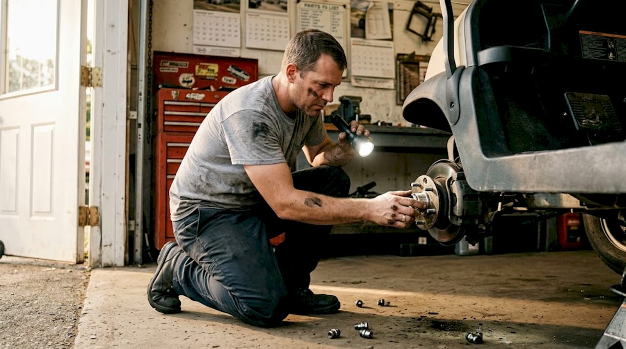 Mechanic inspecting golf cart hub assembly