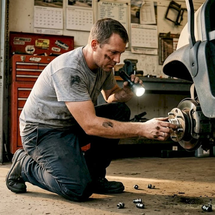 Mechanic inspecting golf cart hub assembly