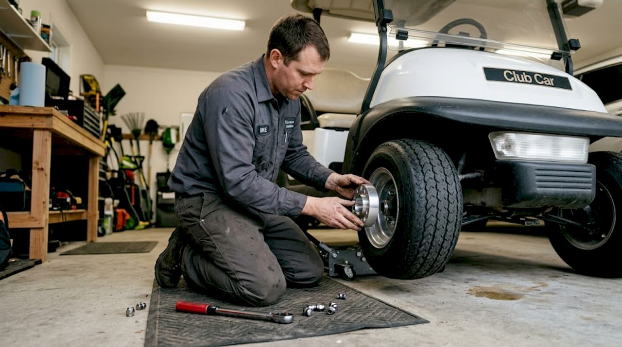 Mechanic installs golf cart wheel spacer in garage