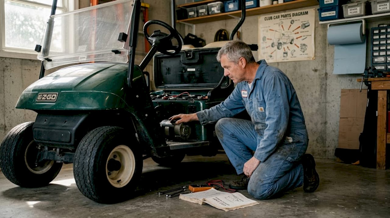 Mechanic inspecting golf cart parts in garage