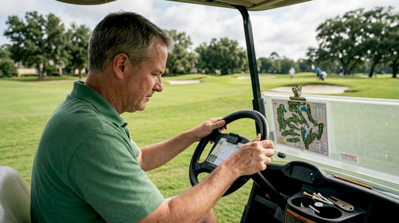 Man adjusting golf cart steering wheel