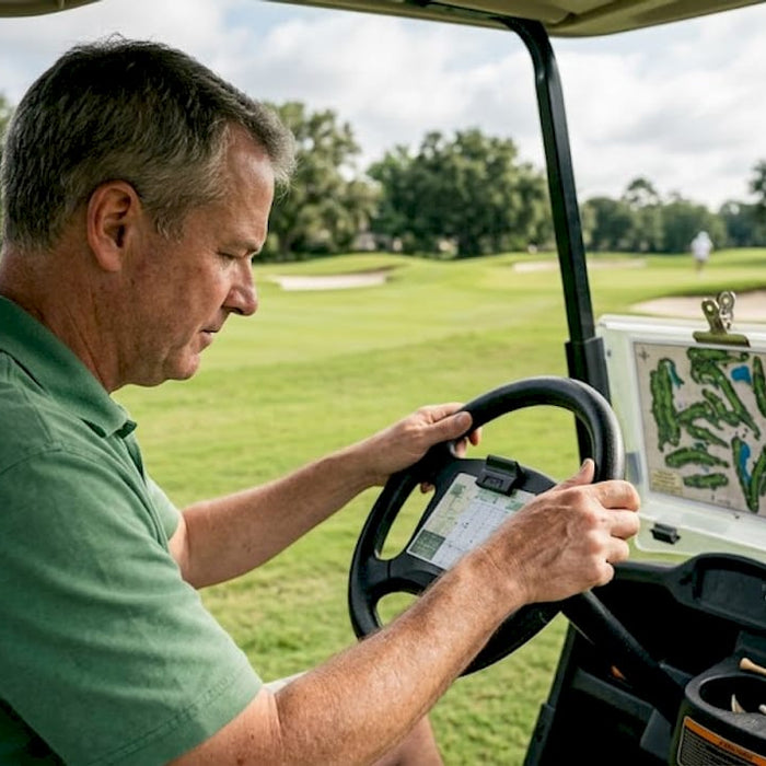 Man adjusting golf cart steering wheel