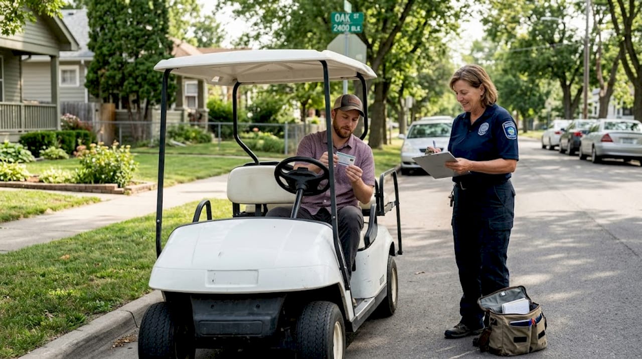 Inspector checking golf cart compliance curbside