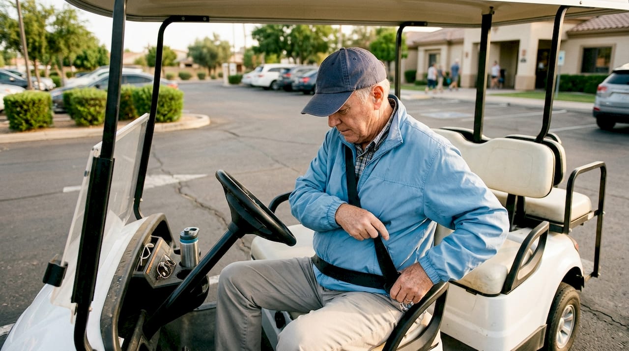 Older man buckling golf cart seatbelt in lot