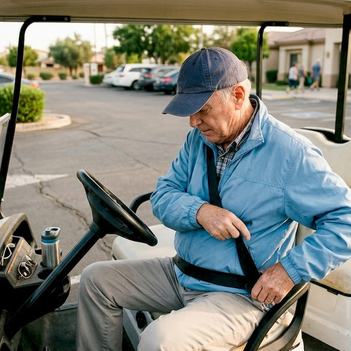 Older man buckling golf cart seatbelt in lot