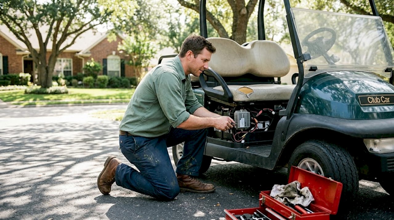 Technician inspecting golf cart OBC module