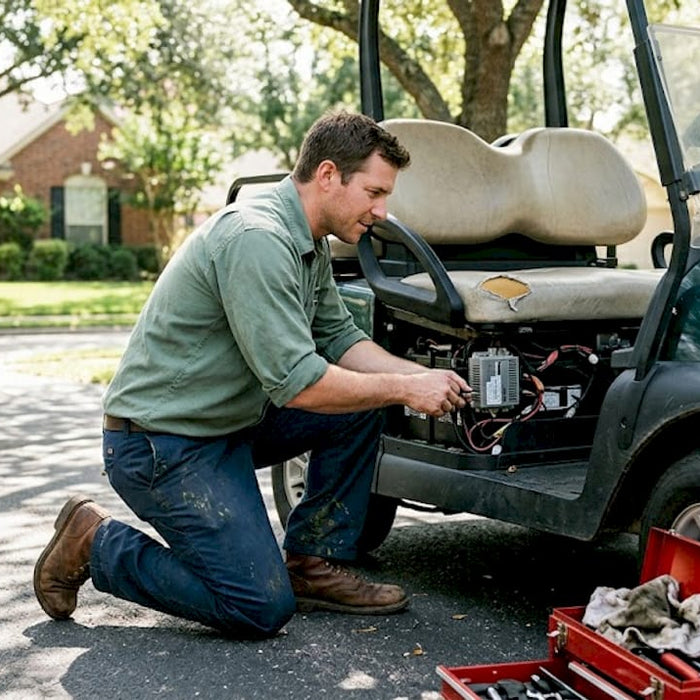 Technician inspecting golf cart OBC module