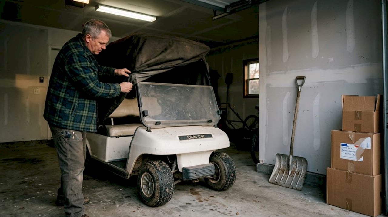 Golf cart being covered for winter storage
