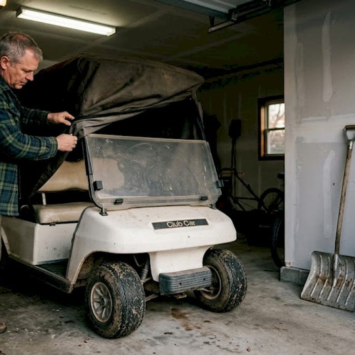 Golf cart being covered for winter storage
