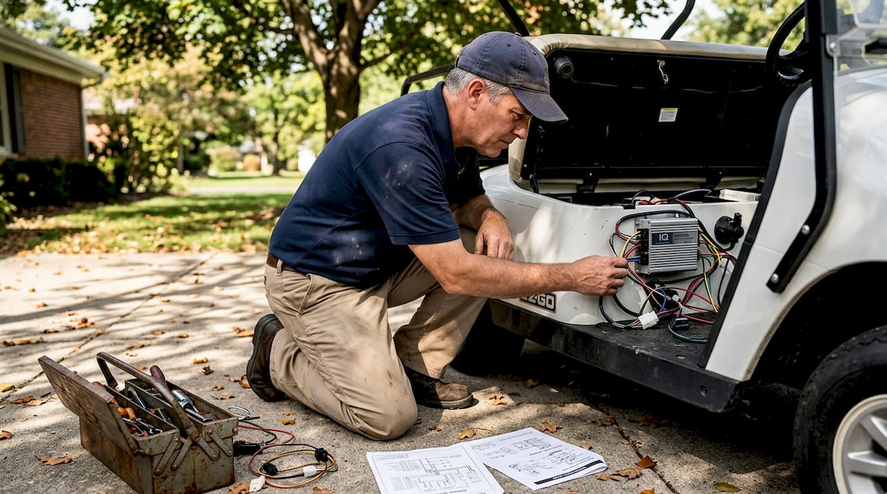 Technician inspecting golf cart IQ controller