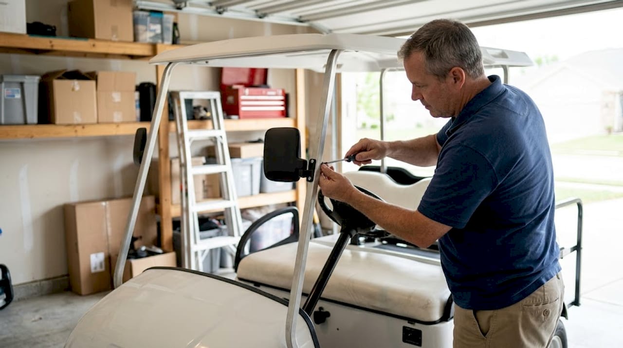 Man installing mirror on golf cart in garage