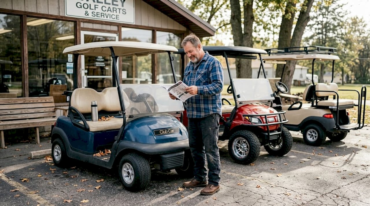 Owner reviewing golf cart options at dealership lot