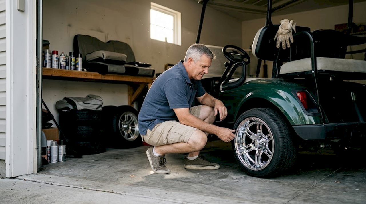 Golf cart customizations in suburban garage