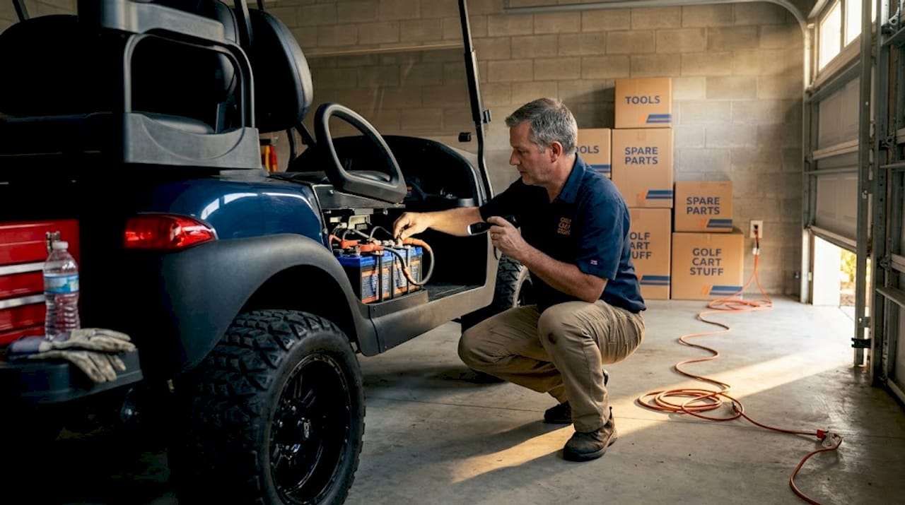 Man checking golf cart battery terminals in garage