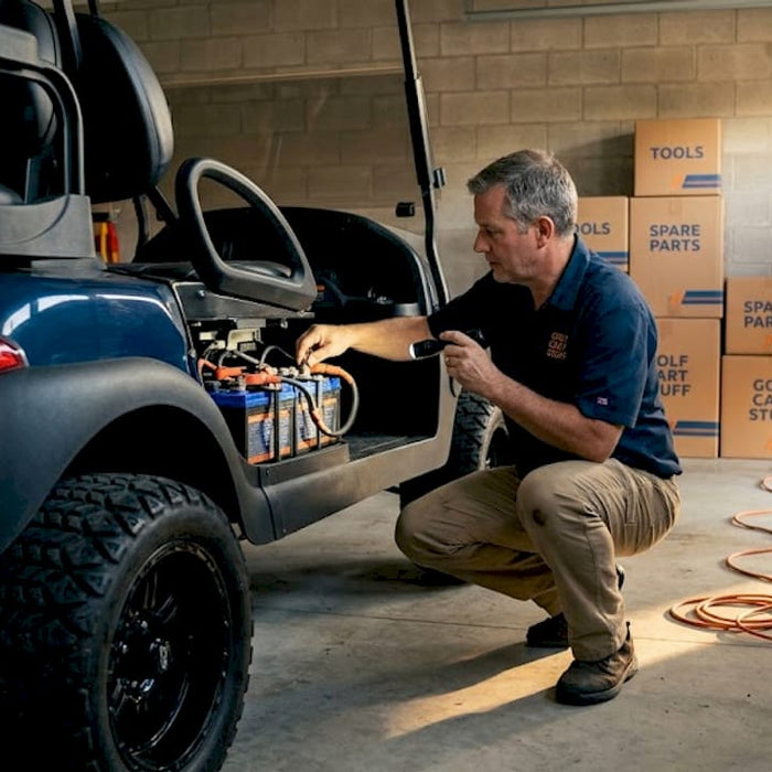 Man checking golf cart battery terminals in garage