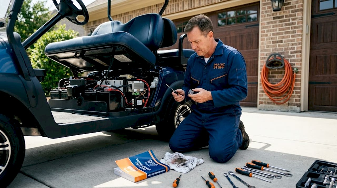 Technician prepares to install golf cart speed chip