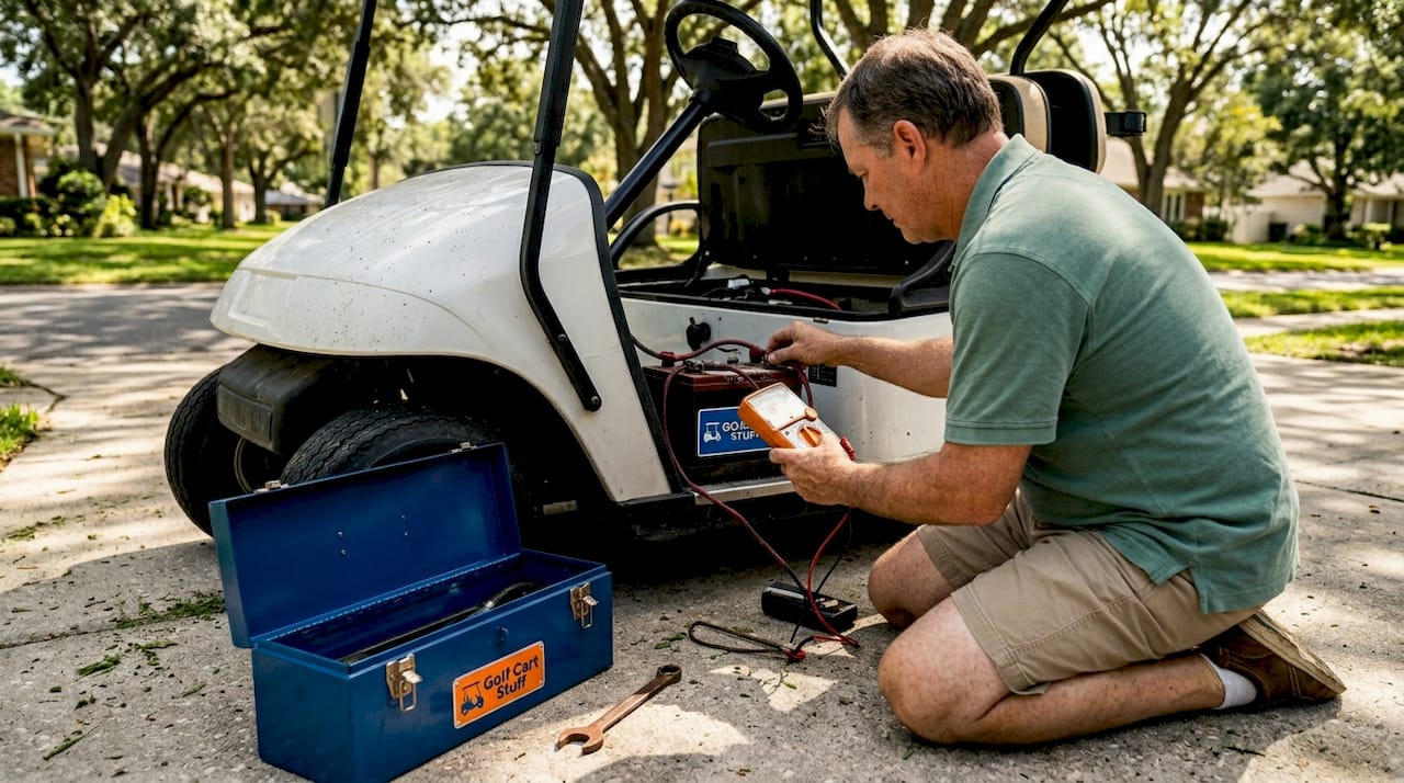 Man inspecting golf cart battery cables outdoors