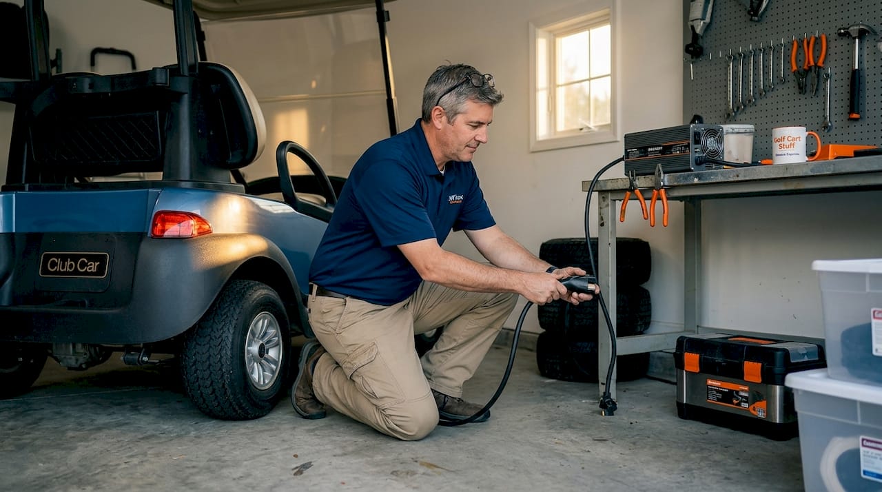 Technician checking charger on golf cart battery
