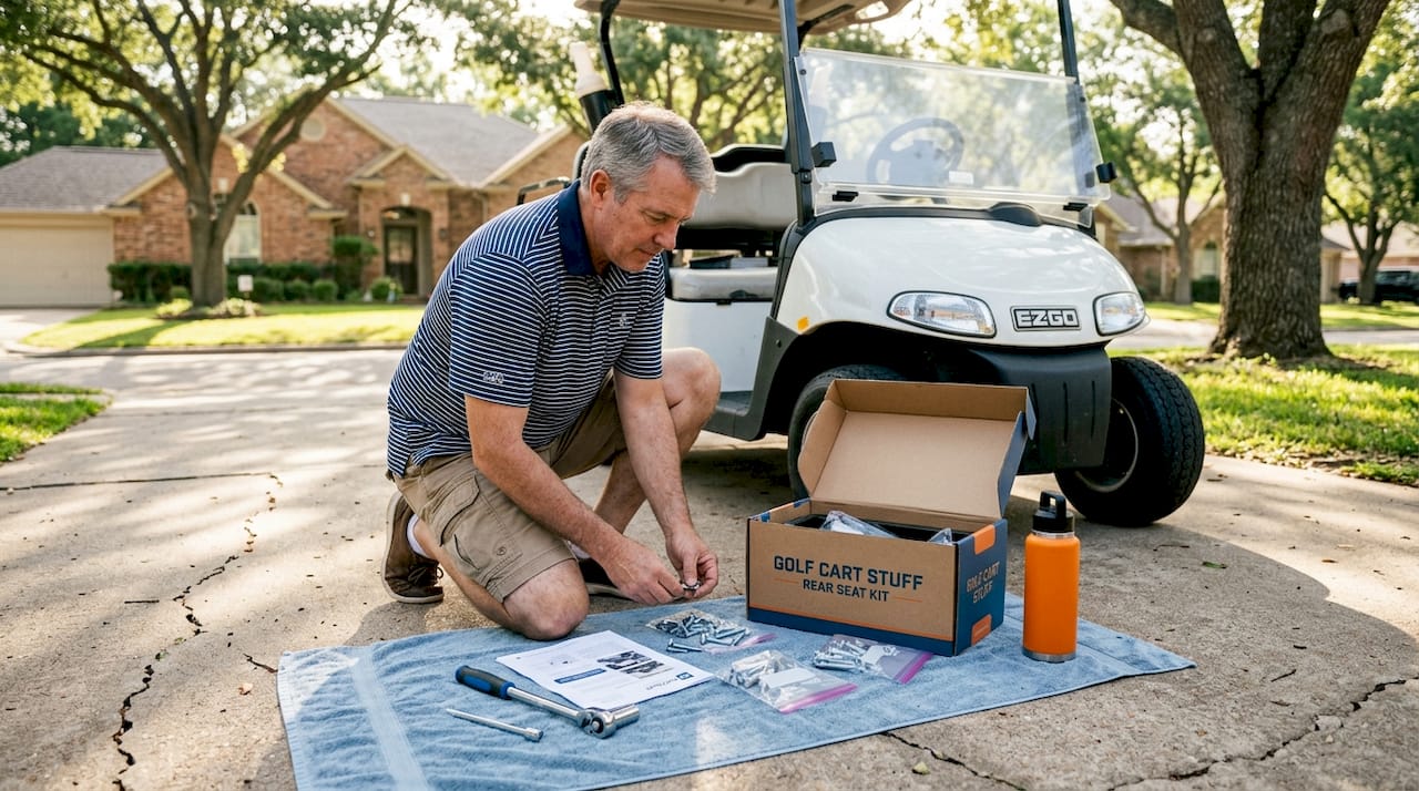 Man sorting rear seat kit beside golf cart