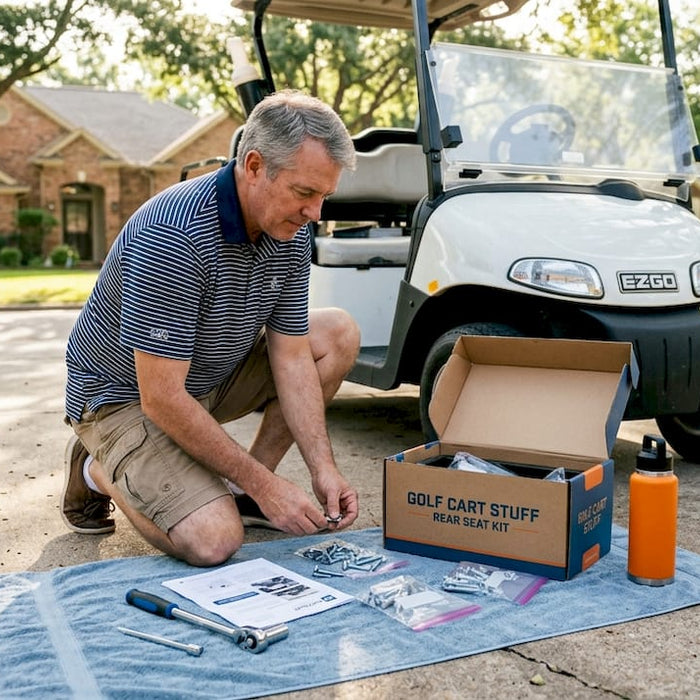 Man sorting rear seat kit beside golf cart