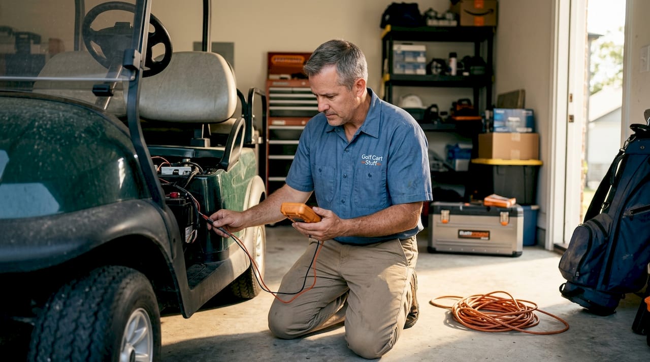 Technician diagnosing golf cart wiring in garage