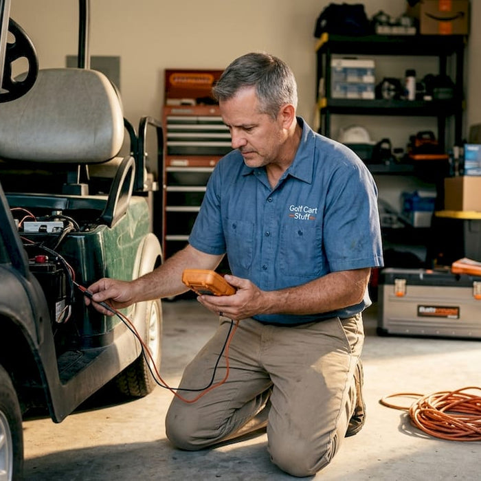 Technician diagnosing golf cart wiring in garage