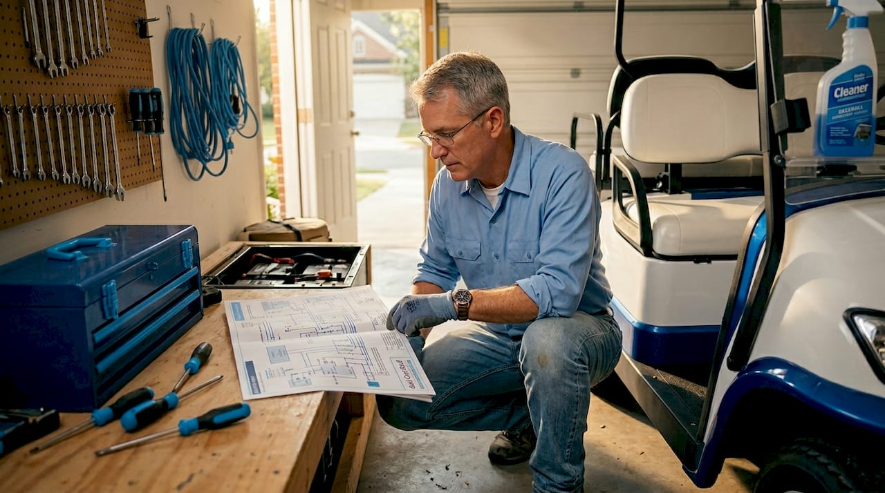 Owner reviews wiring diagram beside golf cart