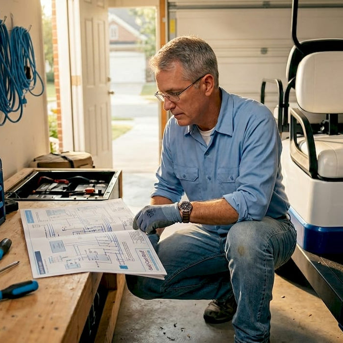 Owner reviews wiring diagram beside golf cart