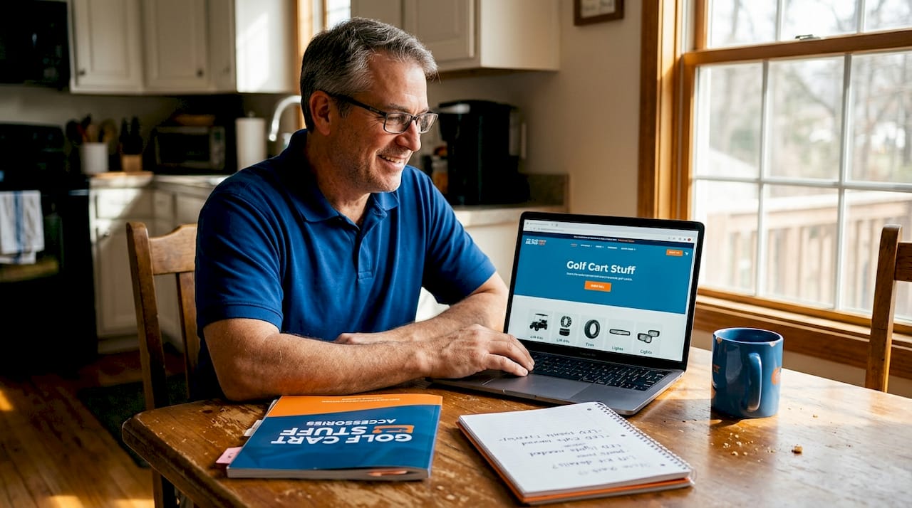 Man shopping golf cart accessories online at kitchen table
