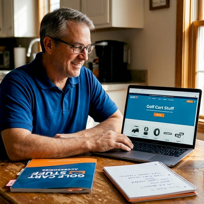 Man shopping golf cart accessories online at kitchen table