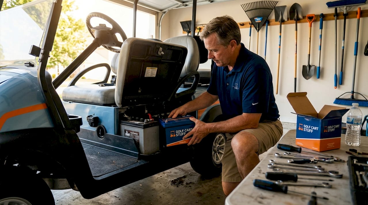Owner upgrading golf cart battery in garage
