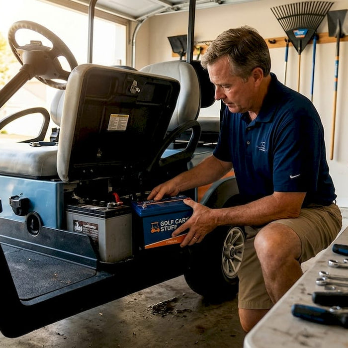 Owner upgrading golf cart battery in garage