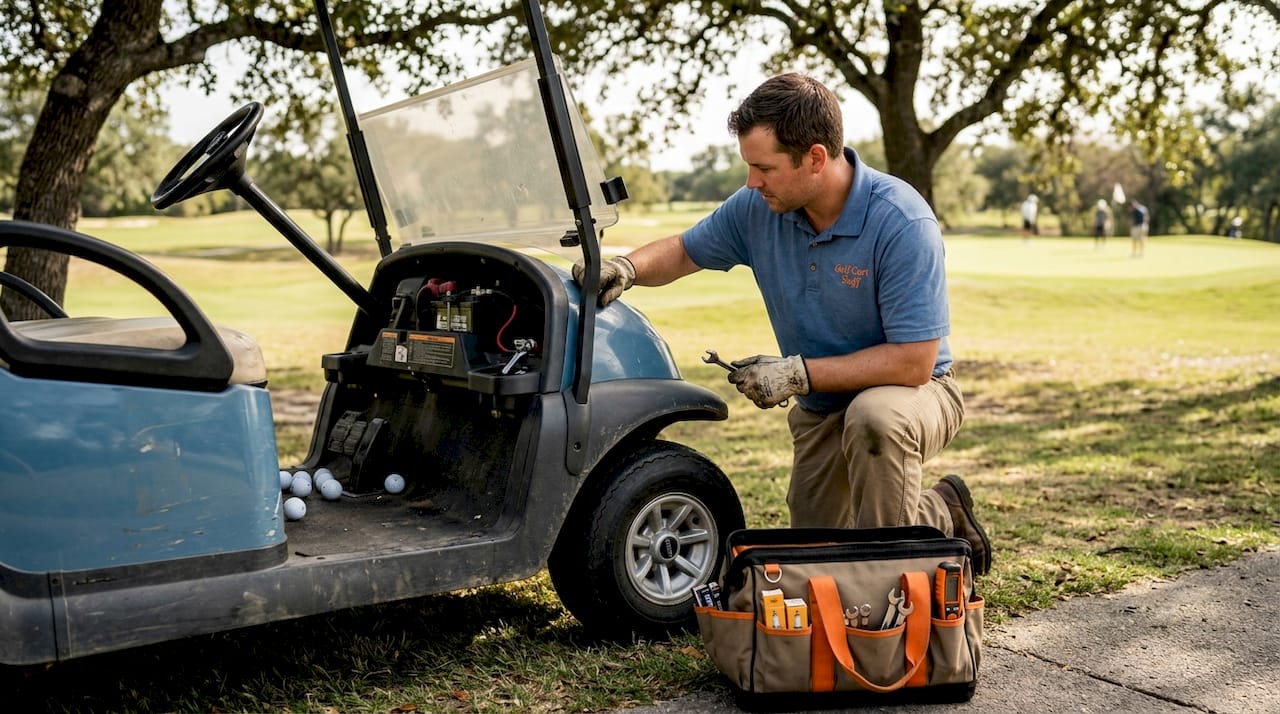 Technician inspecting golf cart engine outdoors