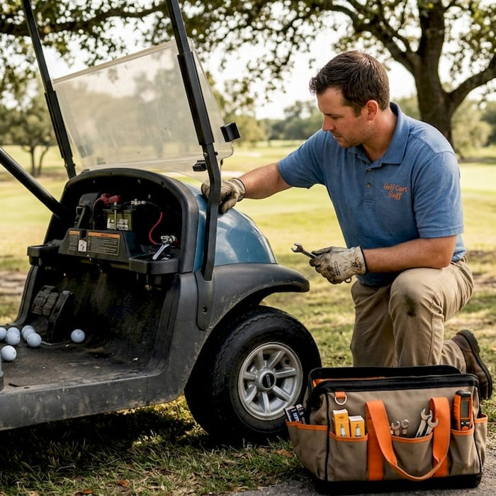 Technician inspecting golf cart engine outdoors