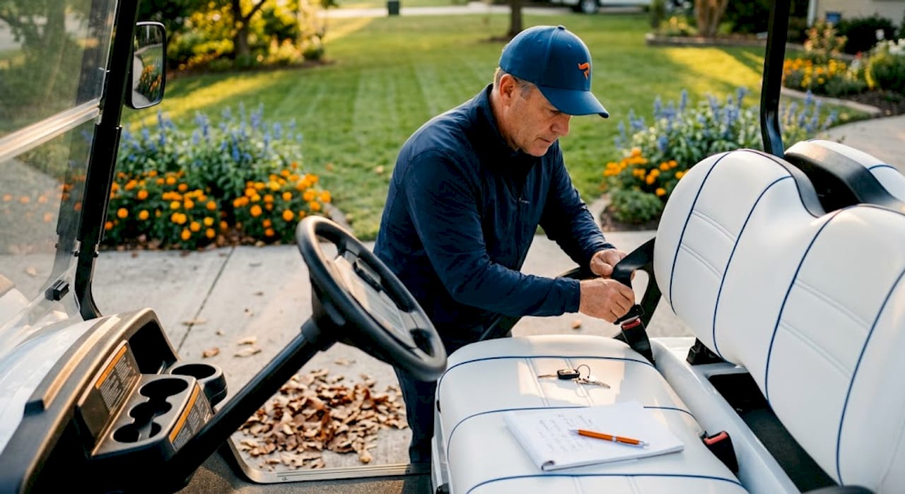Owner checking seat belt in golf cart