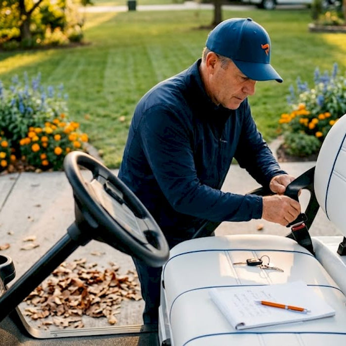 Owner checking seat belt in golf cart